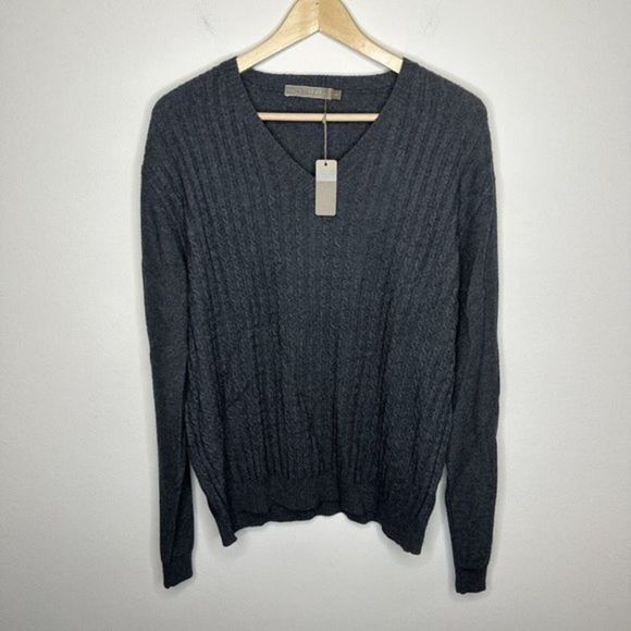 New NWT Mens‎ Raffi Cashmere Gray Cableknit V-Neck Sweater Size Large - Picture 1 of 2